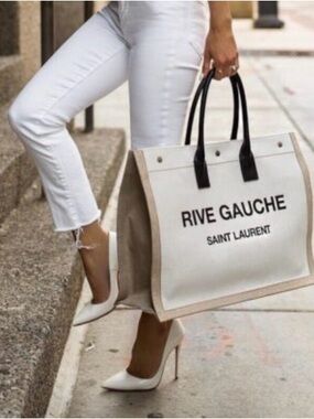 Saint Laurent Rive Gauche White Canvas Tote with Beige Trim and Black Handles